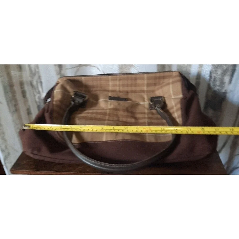 Eddie Bauer Brown Plaid Canvas and Dark Brown Leather Top-Handle Bag